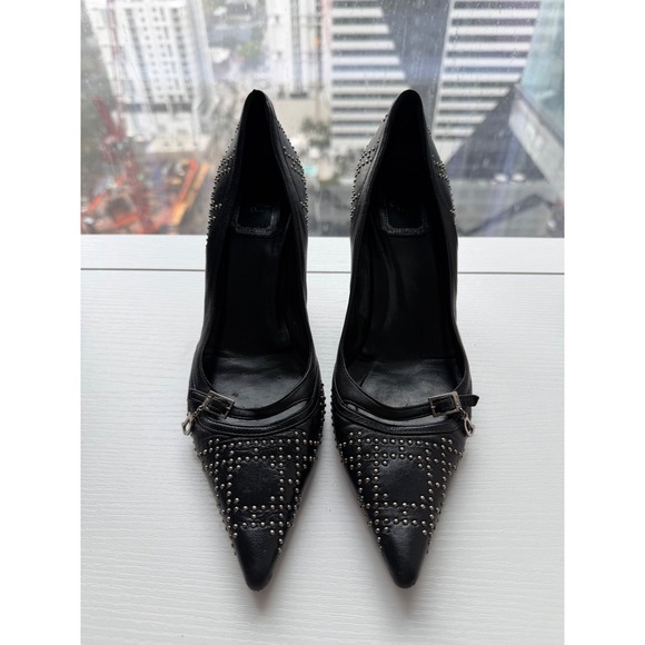 Dior Shoes - Christian Dior Black Leather Studded Pointed Toe Pumps Charm Heels Size 38